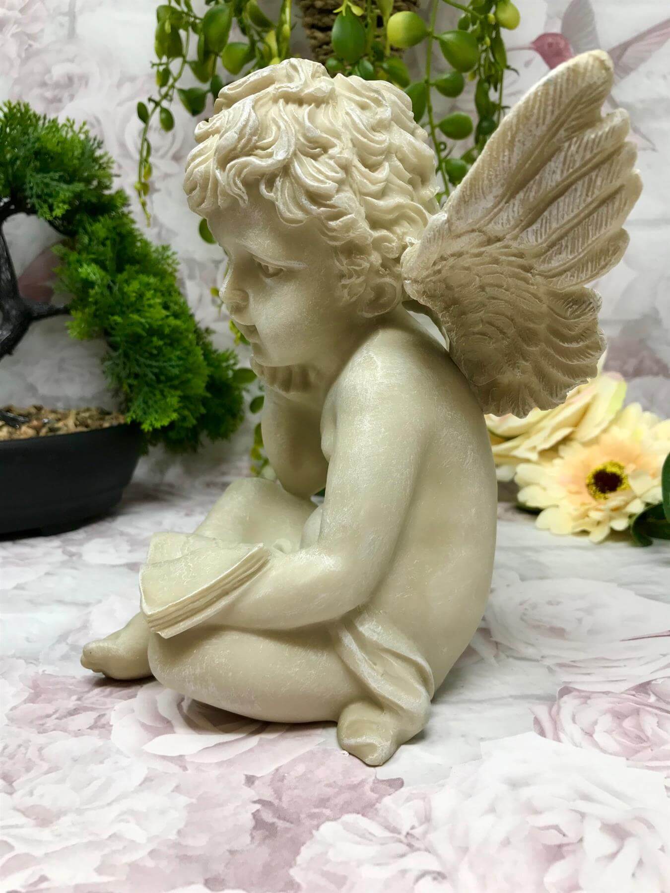 Reading Cherub Guardian Angel with Book Figurine, Tranquil Cherub Statue, Memorial Garden Ornament, Serene Inspirational Graveside Decor