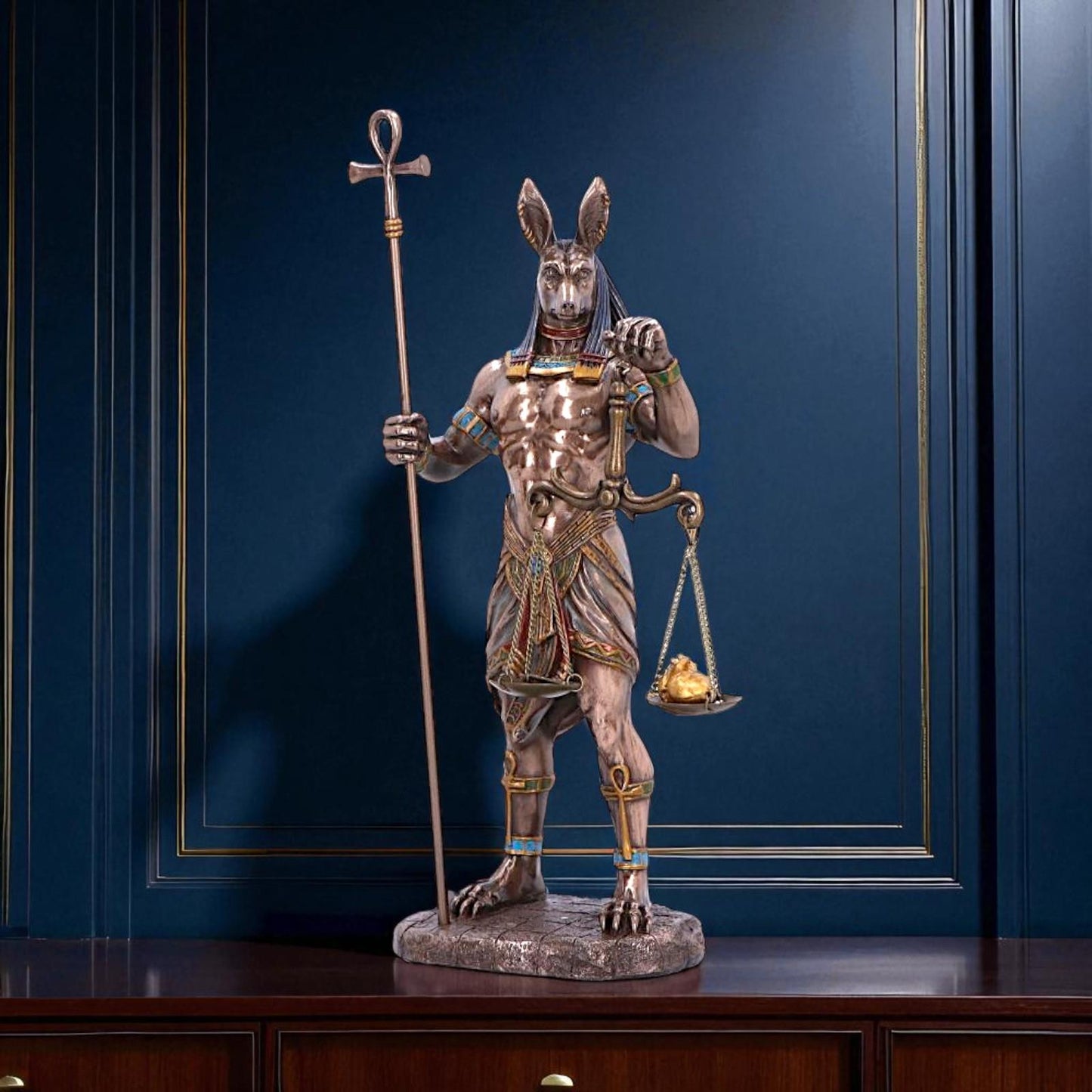 Egyptian Anubis Figurine Mythological Statue God of Death with Ankh and Scales