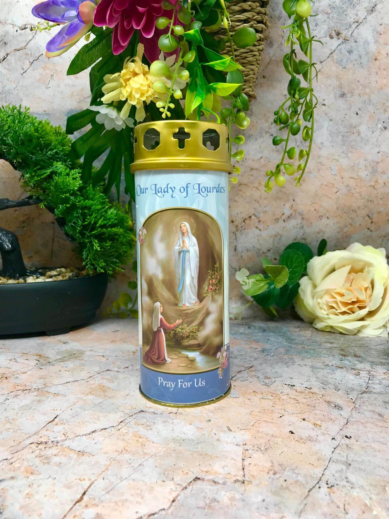 Our Lady of Lourdes Grave Candle Windproof Cap Prayer on Reverse Religious Graveside