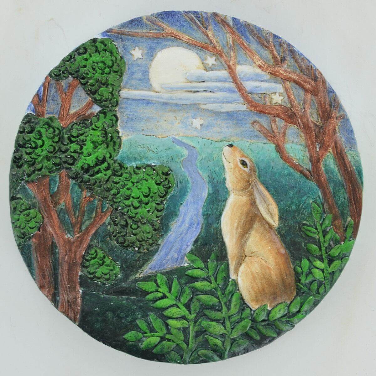 Set of 2 Moongazing Hare Concrete Circular Stepping Stone Garden Wall Plaque