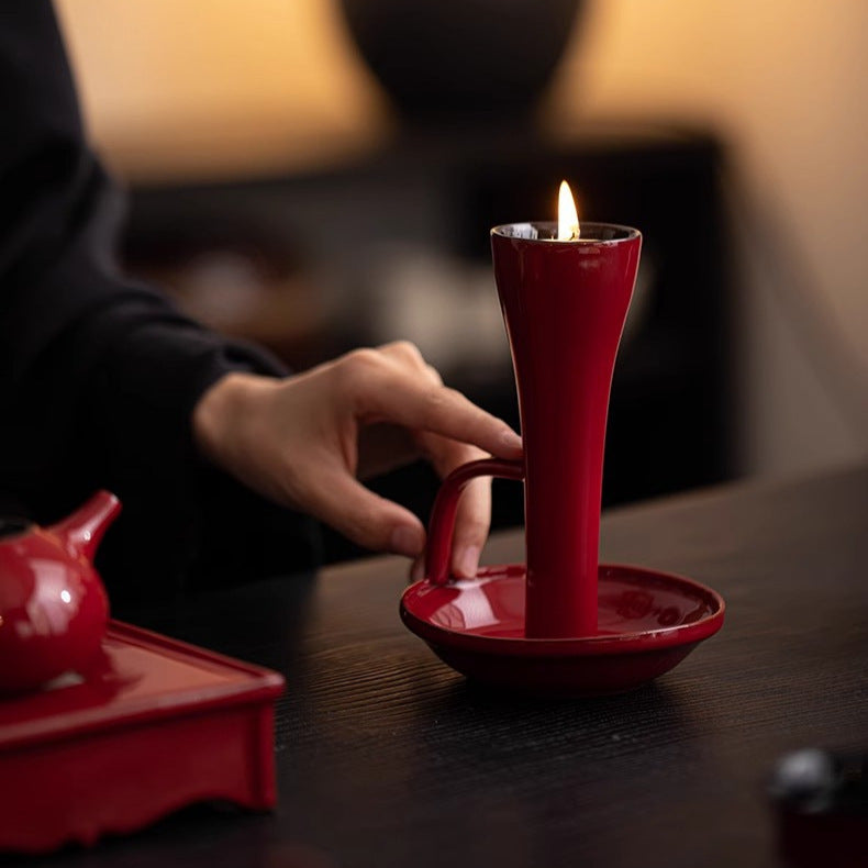 Vintage Zhu Zhumeng Red Ceramic Vintage Candlestick