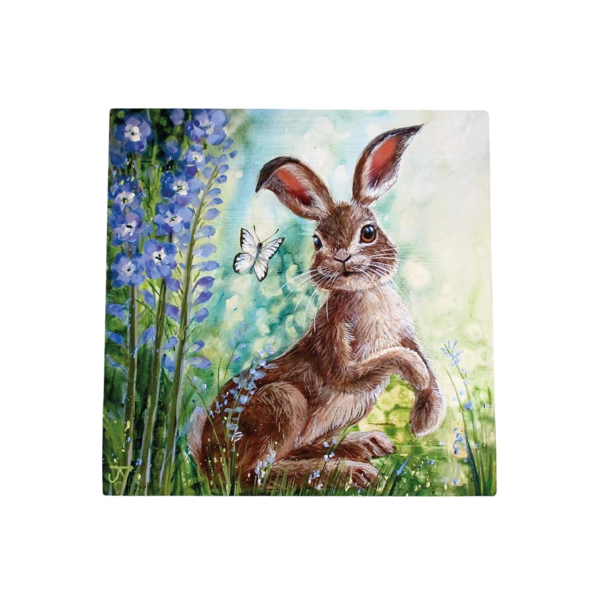 Delphinium Hare Ceramic Art Tile by Judith Yates 20x20 cm - Ready to Hang - Boxed Gift - Beautiful Hand-Painted Hare Design