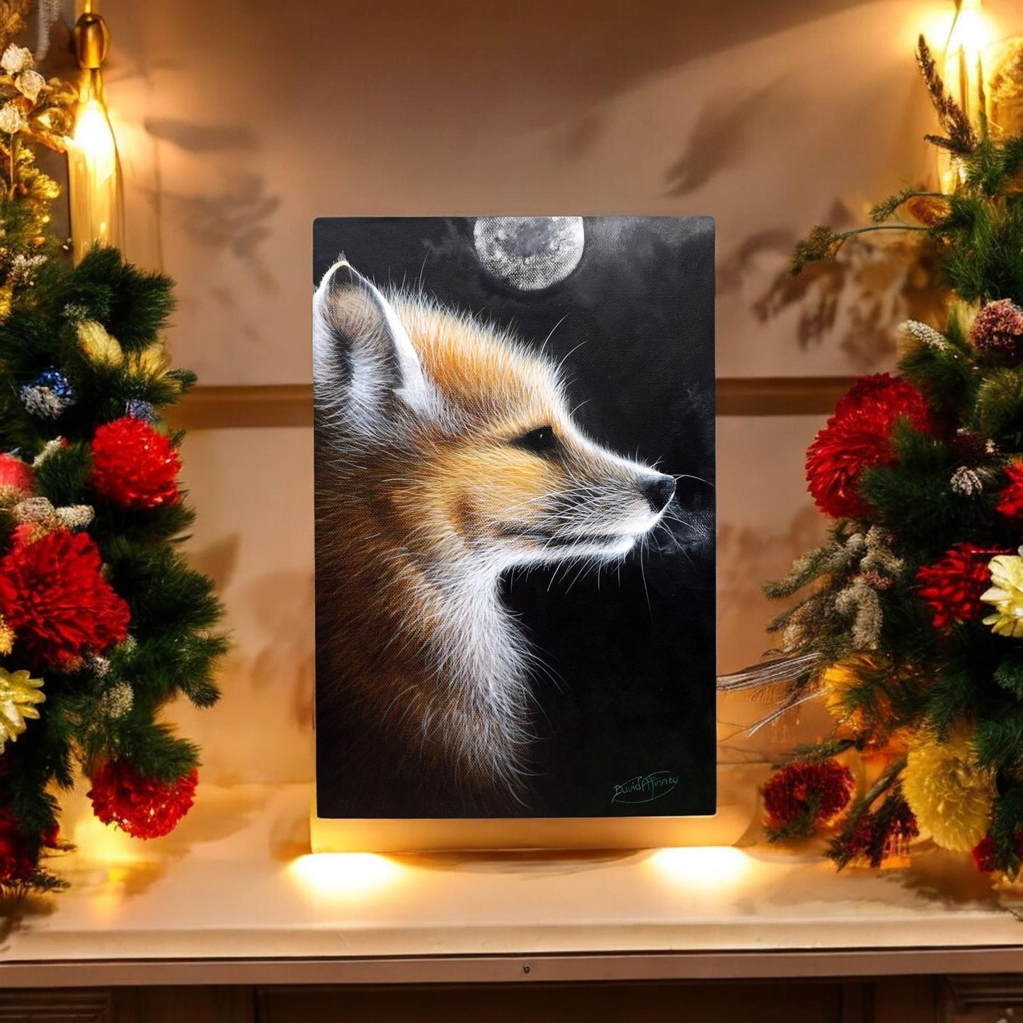 FOX IN MOON LIGHT Ceramic Art Tile by D.Finney | 30x20 cm Wall Hanging | Ready to Hang