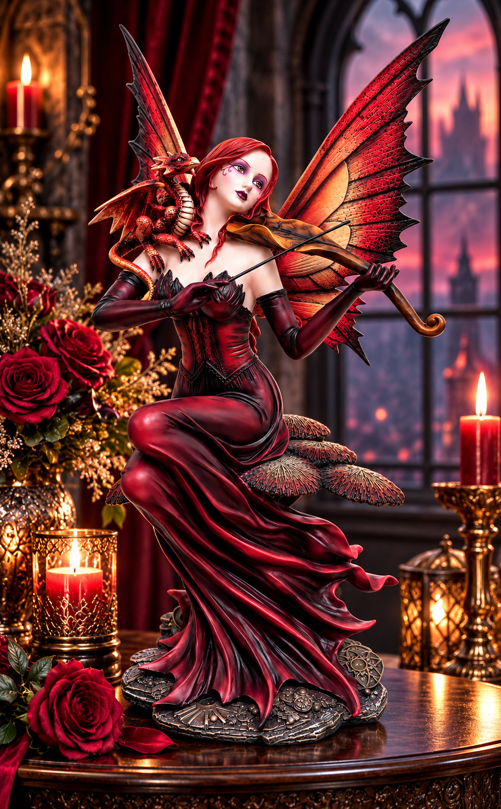 Ruby Red Fairy Dragon Figurine 55cm Gothic Fantasy Fiddle Statue Ornament