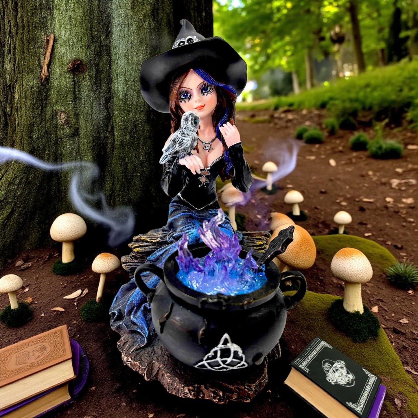 Fantasy Witch with Owl and Cauldron Figurine Cute Gothic Wiccan Ornament Gift