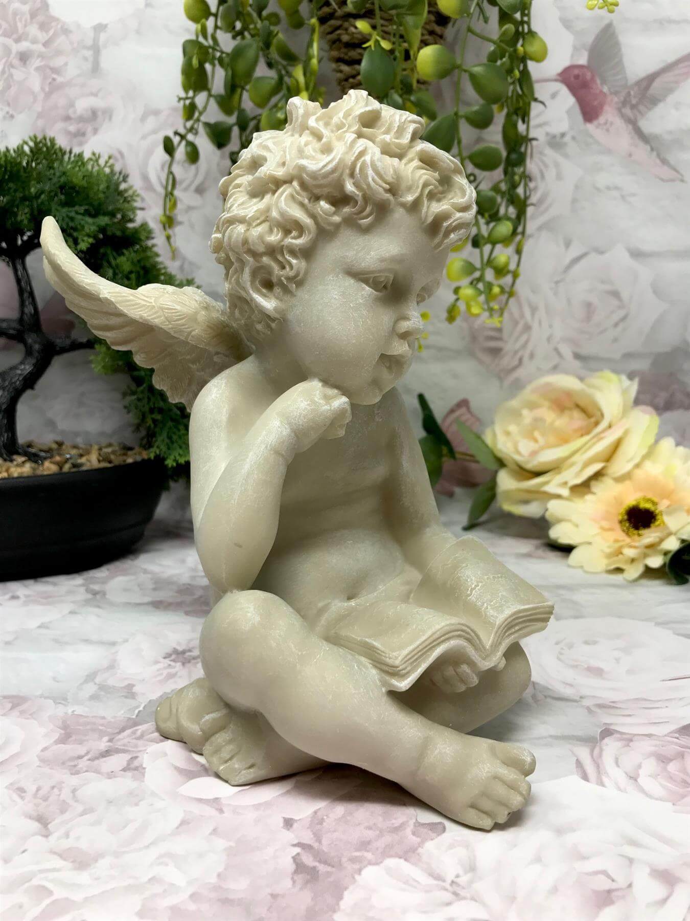 Reading Cherub Guardian Angel with Book Figurine, Tranquil Cherub Statue, Memorial Garden Ornament, Serene Inspirational Graveside Decor