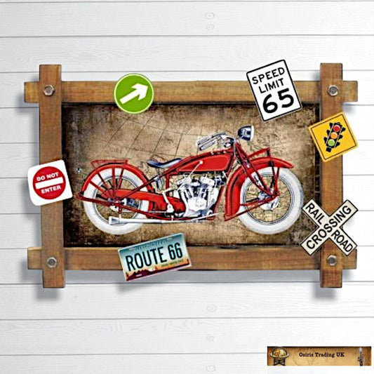 Vintage Red Motorcycle Metal Sign | Americana Wall Art Route 66 Plaque 59 x 40 cm