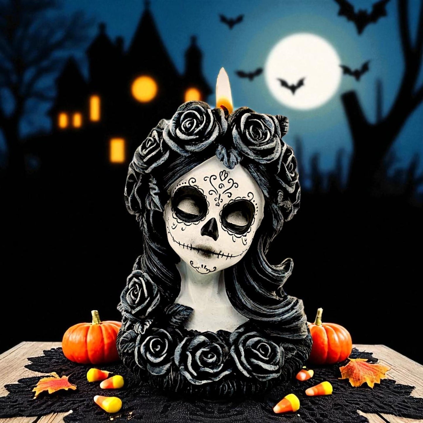 Gothic Day of the Dead Skull Tea Light Holder Flor de Muerte Day of the Dead Bust