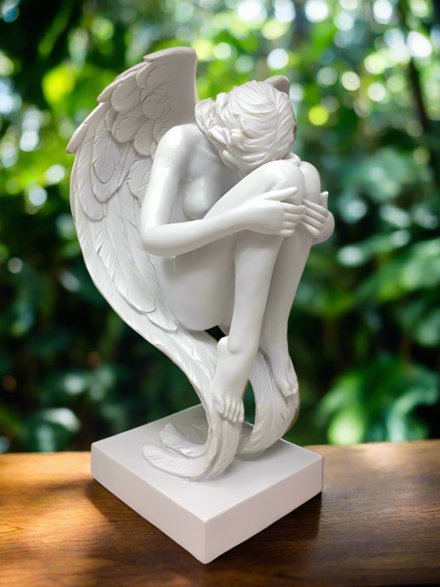 Contemplative Angel Praying Sculpture Garden Ornament, Serene Memorial Graveside Decor, Angelic Figurine, Peaceful Contemplation Statue