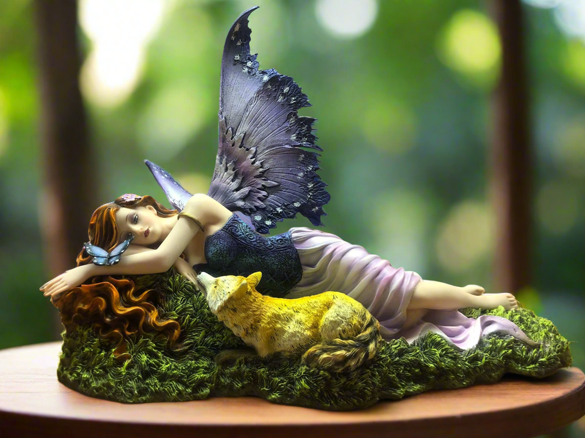 Enchanting Fairy and Fox Resin Statue - Hand-Painted Indoor Fairy Garden Decor - Fantasy Fairy Figurine - Mythical Sculpture 34x24.5 cm