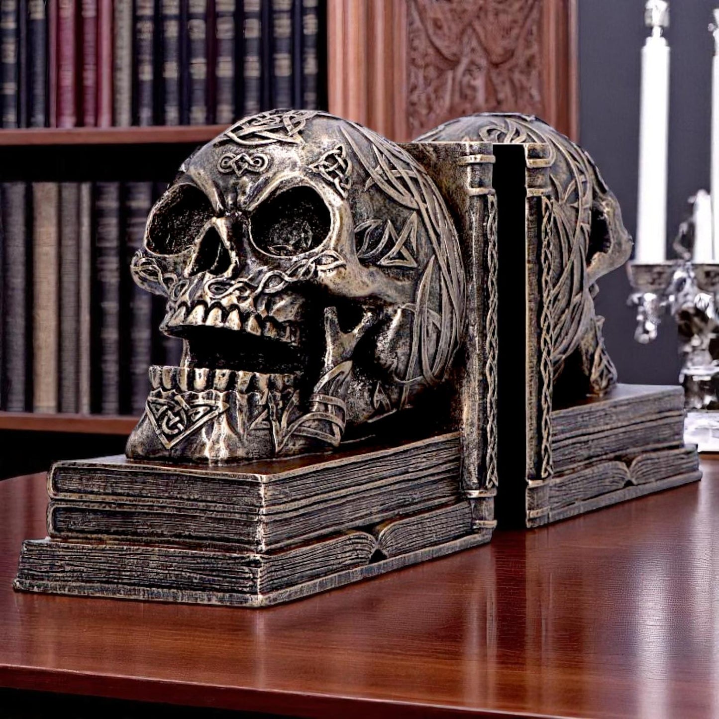 Celtic Skull Bookends Bronze Finish Decorative Shelf Decor Gothic Horror Ornaments