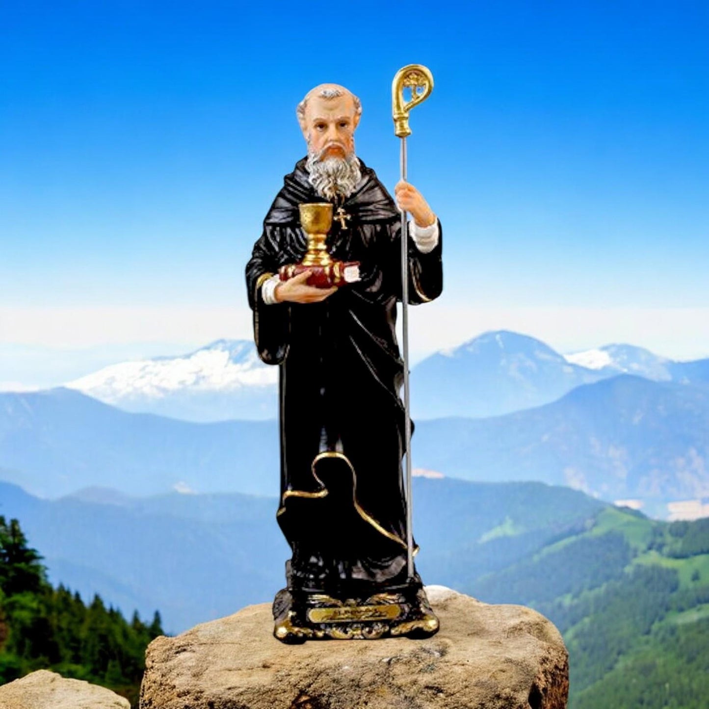 Saint St Benedict 20cm Resin Statue - Elegant Religious Figurine with Gold Accents