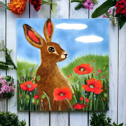 Vivid Poppy Hare Ceramic Picture Tile by Judith Yates Lively Nature Scene Decor-Osiris Craftworks