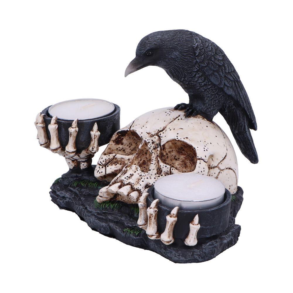 Skull and Raven Candle Holder Gothic Resin Figurine Dark Fantasy Decor 15cm