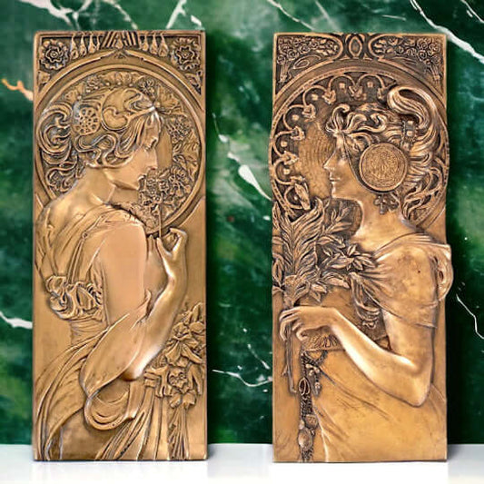 Pair of Art Nouveau Bronze Effect Wall Plaques, Mucha Style Decor, Elegant Sculptural Artwork, Vintage Wall Hangings, Feminine Design Accent