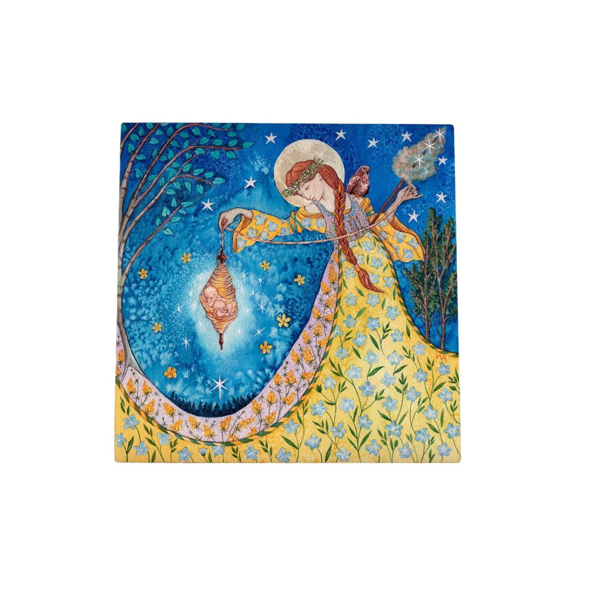 Goddess Frigg Birth Ceramic Art Tile by Wendy Andrew – 20x20 cm Wall Hanging – Mystical Norse Mythology Decor