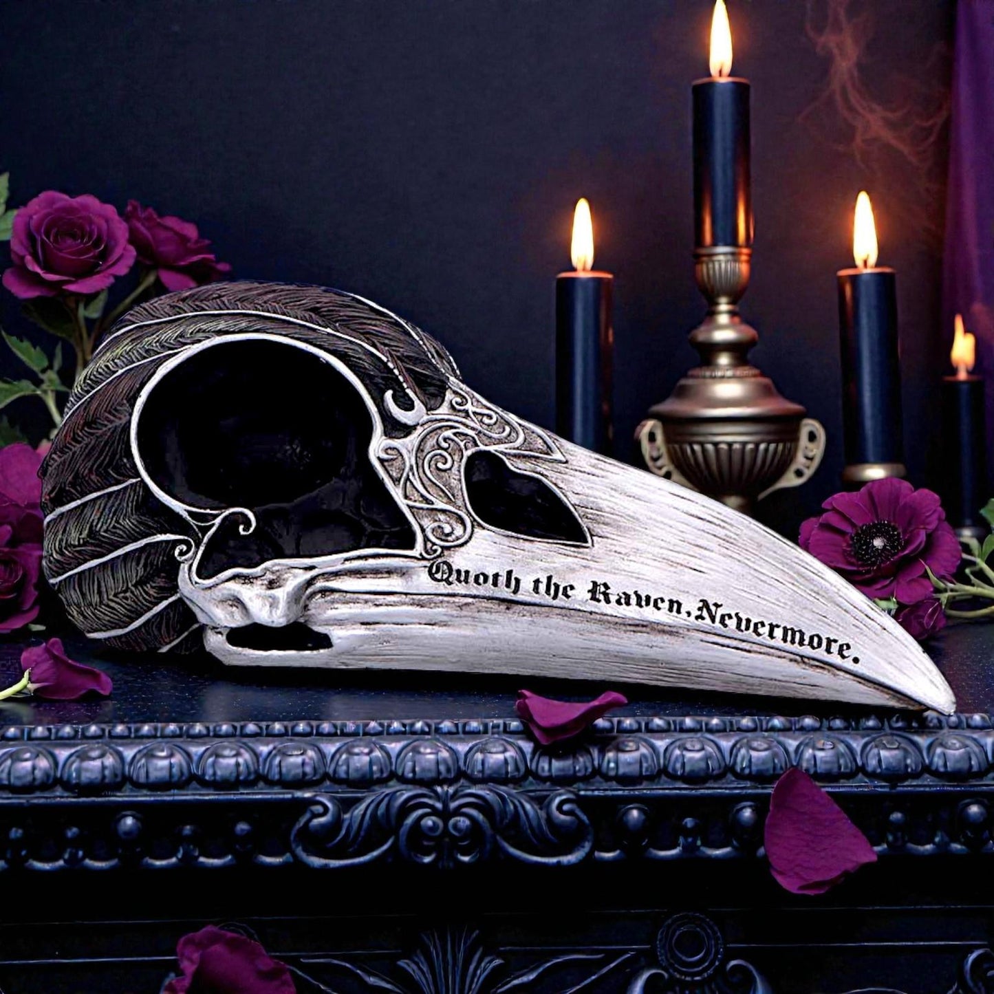 Quoth The Raven Skull Figurine Ornament Sculpture Gothic Edgar Allan Poe Decor
