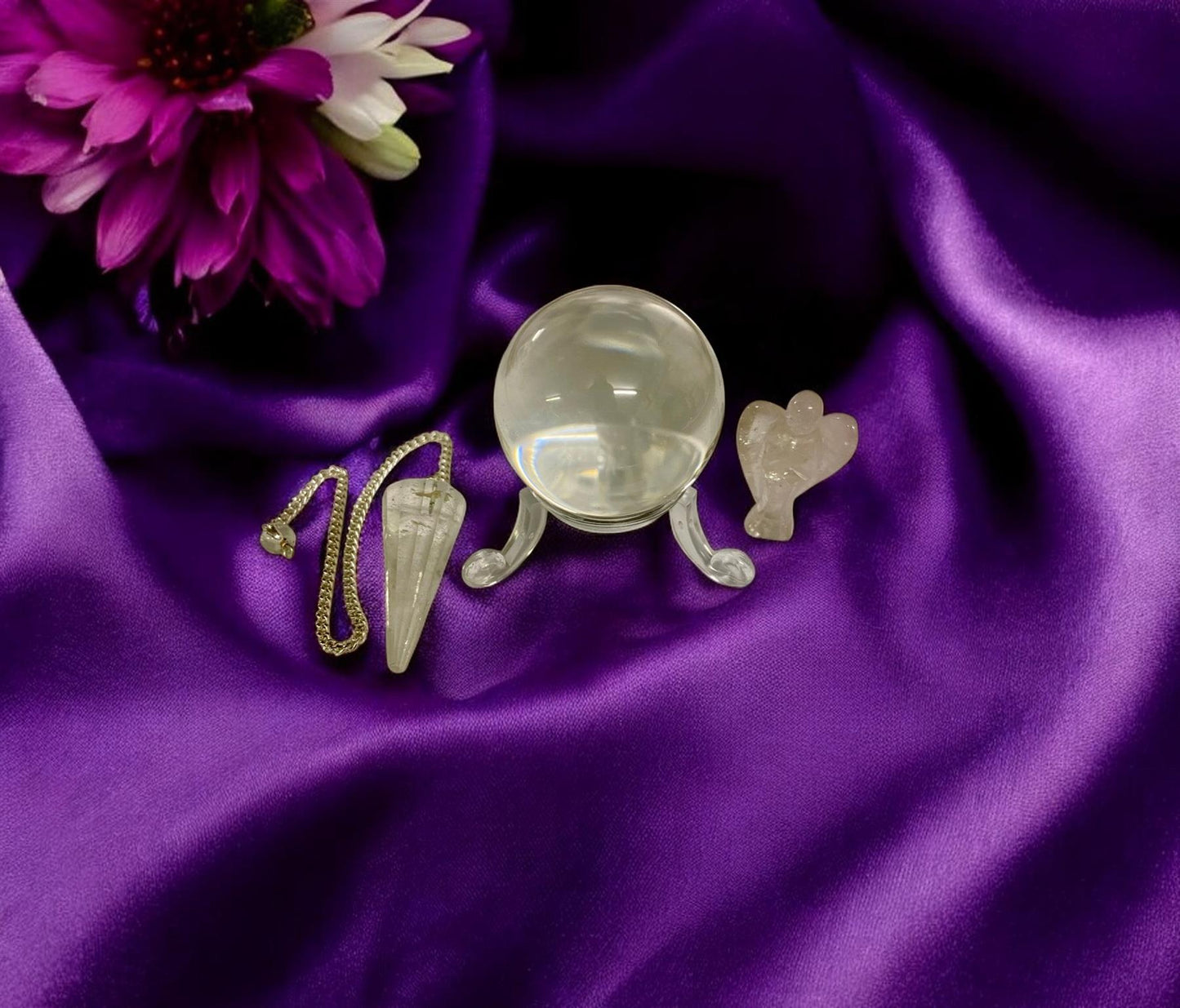 Small Clear Quartz Crystal Ball & Stand, Quartz Dowsing Pendulum & 3cm Quartz Angel Set - 4cm Sphere