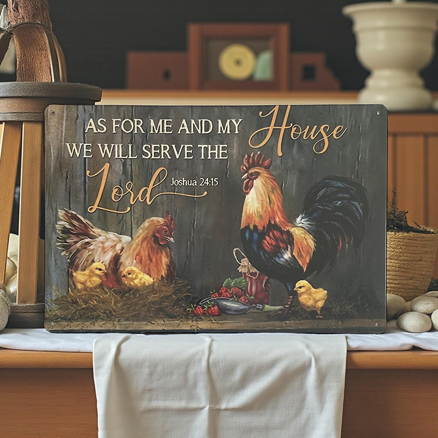 Religious Rustic Metal Sign “As For Me And My House” Farm Rooster Plaque Decor