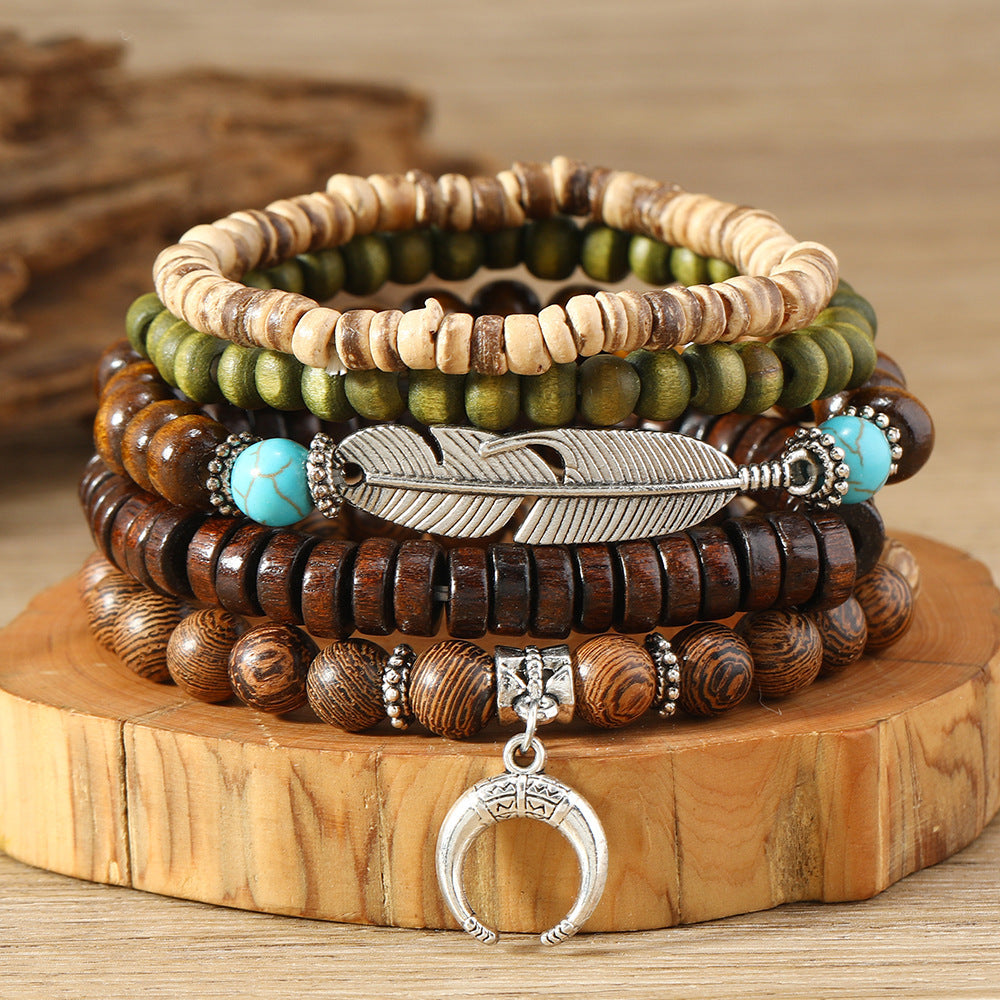 Simple Fashion Bohemian Feather Crescent Wooden Bead Bracelet