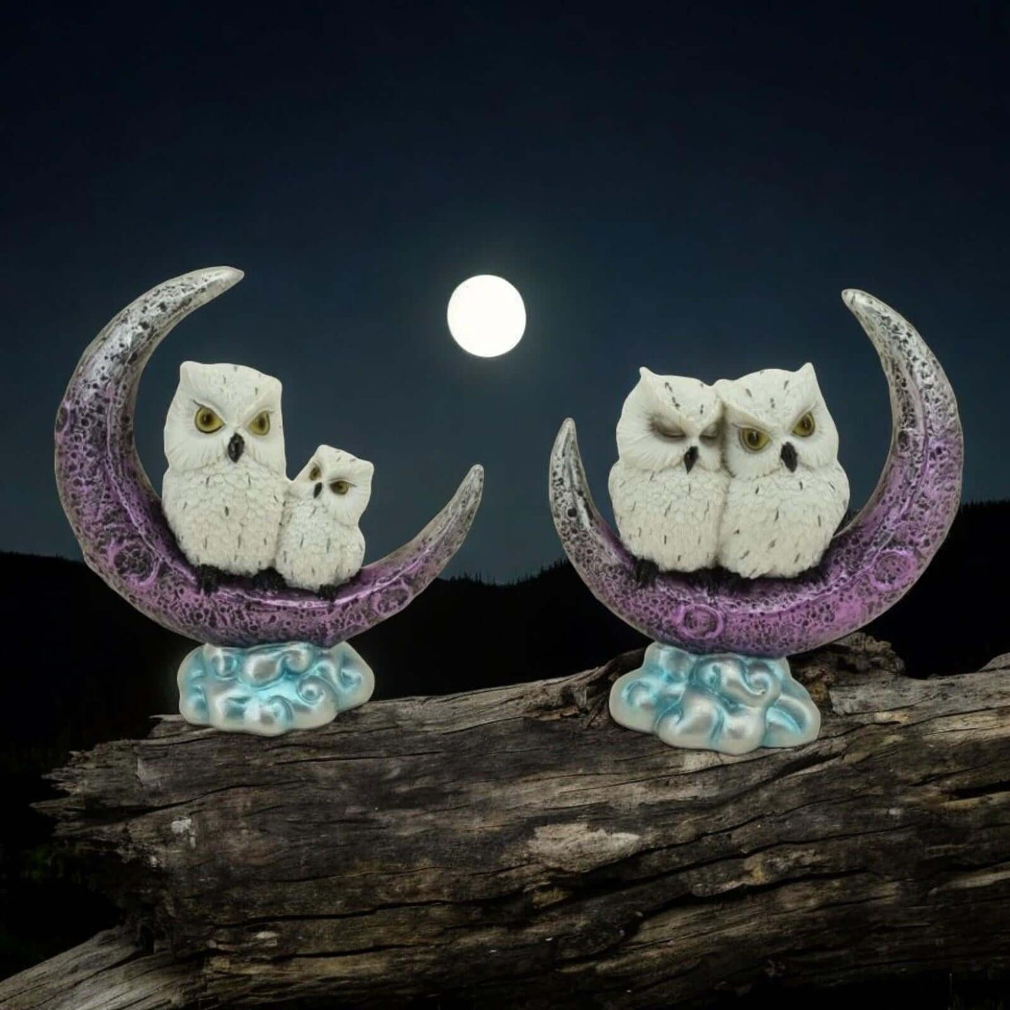 Set of 2 Snowy Owl on Moon Figurines - Fantasy Decor - Resin Art Sculpture