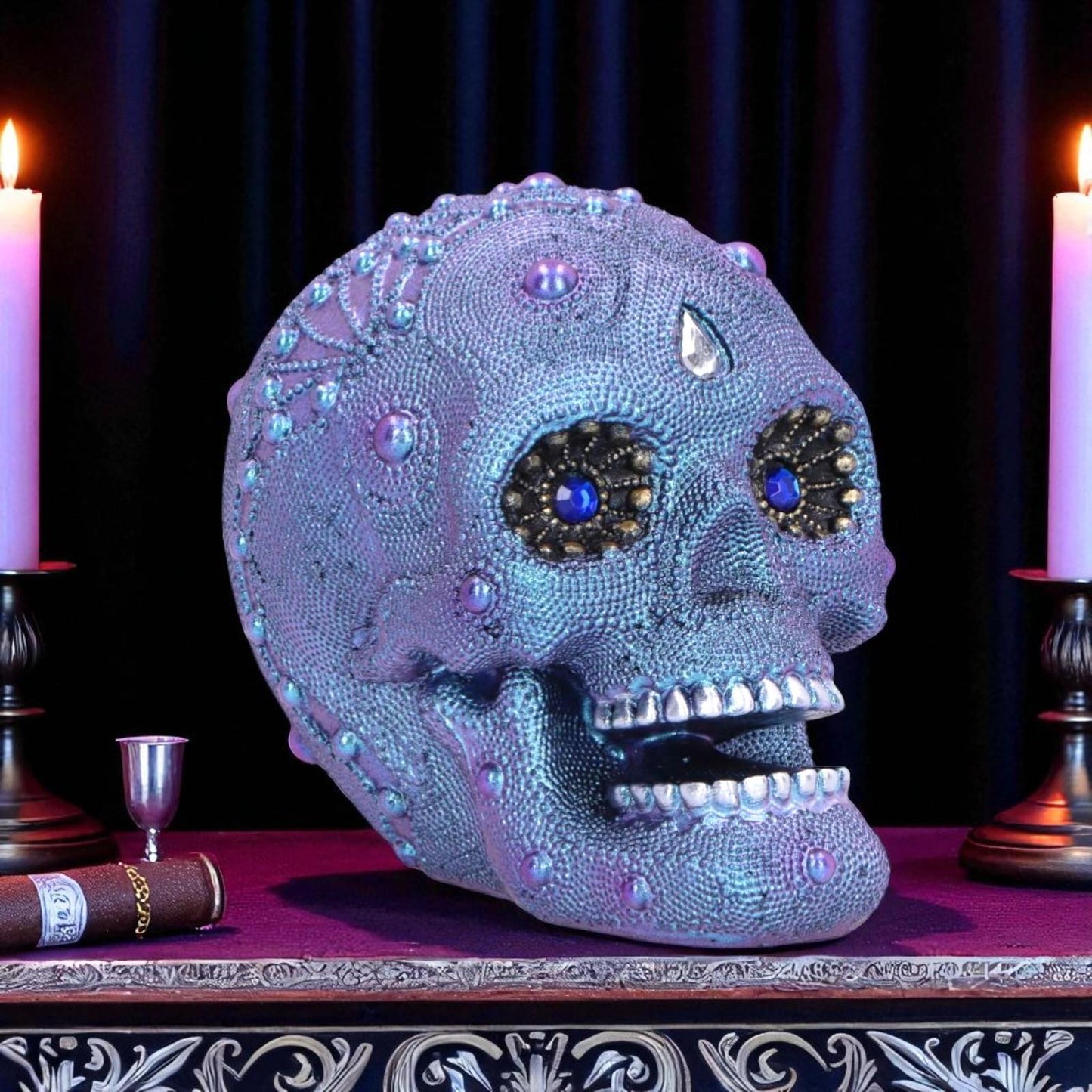 Gothic Jewelled Skull Figurine Gemstone Eyes Halloween Art Decor Ornament Gift