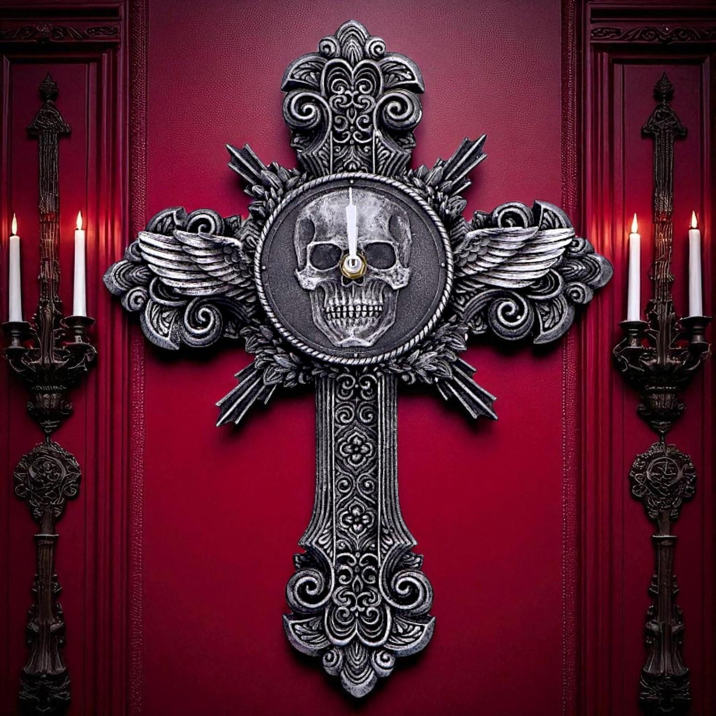 Horas Gothic Wall Clock Skull Cross Wings Silver Dark Fantasy Halloween Decor