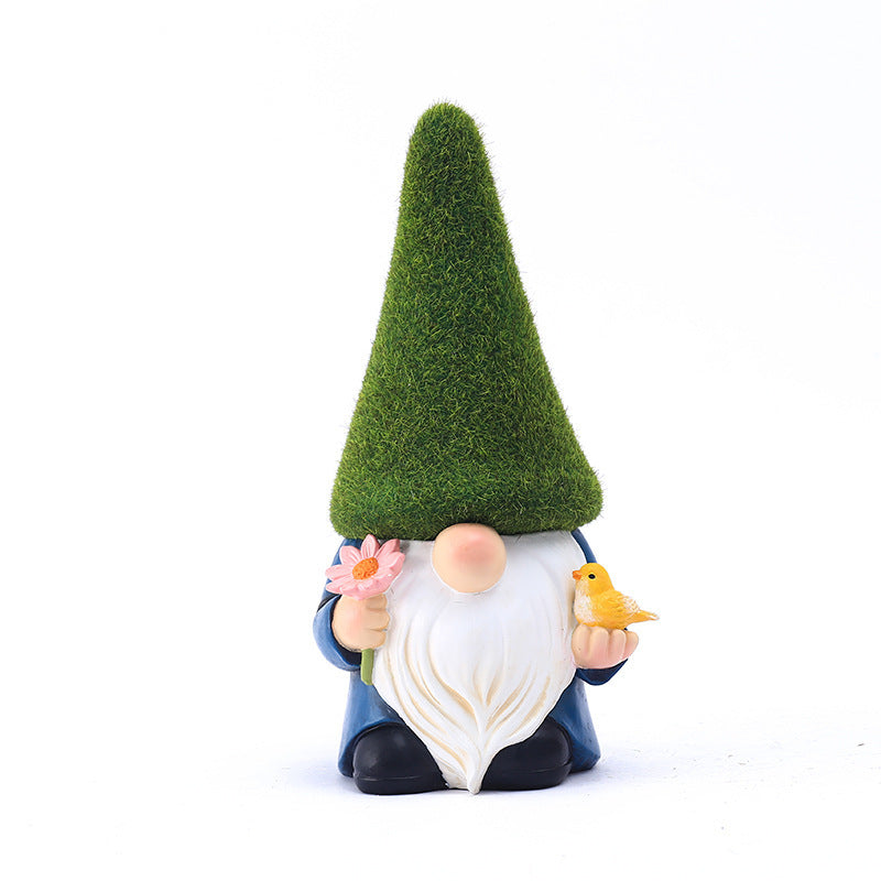 Whimsical Garden Gnome Statue - Moss Hat Design, Handcrafted Resin, Adorable Gnome Holding Bird & Flower, Ideal for Outdoor Garden Decor