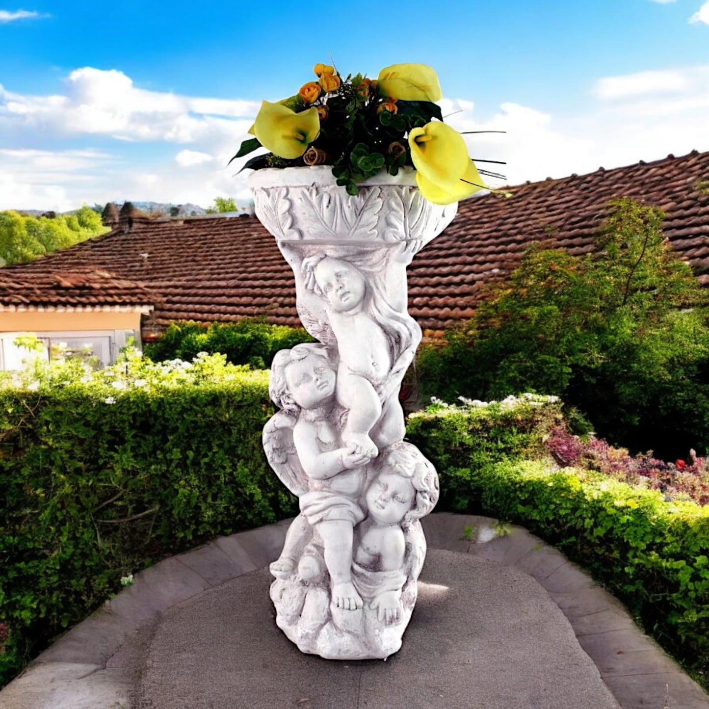 Cherub Trio Holding Bowl - Classical Stone Effect Bird Bath/Planter