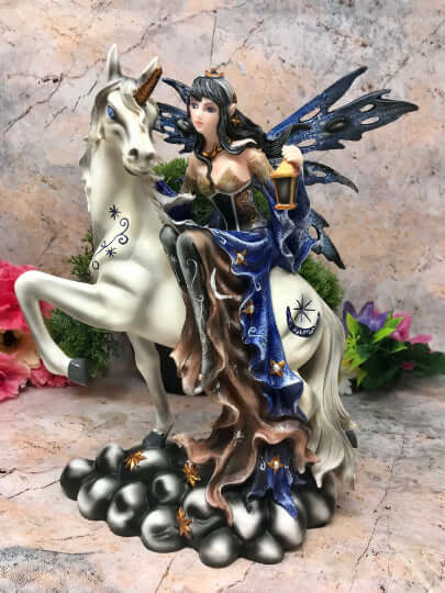 Blue Winter Fairy Riding Unicorn Display Figurine Statue Ornament