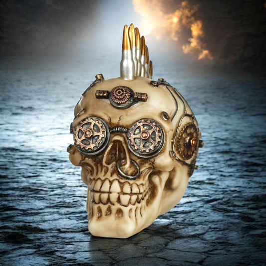 Steampunk Skull Ornament with Bullet Mohawk Gothic Fantasy Figurine Statue Decor