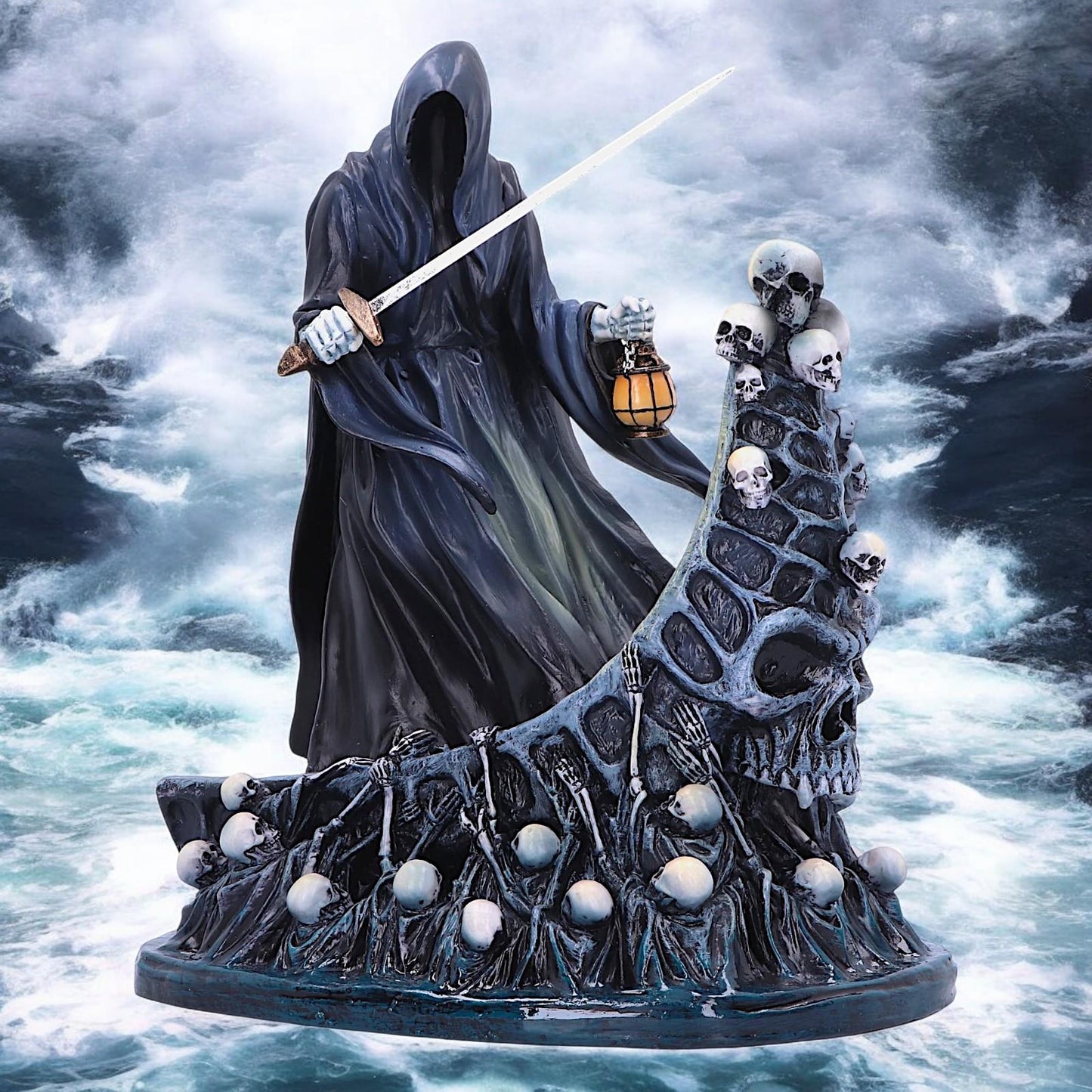 Gothic Ferryman Grim Reaper Figurine | Dark Fantasy Skeleton Boat Ornament | Horror Decor