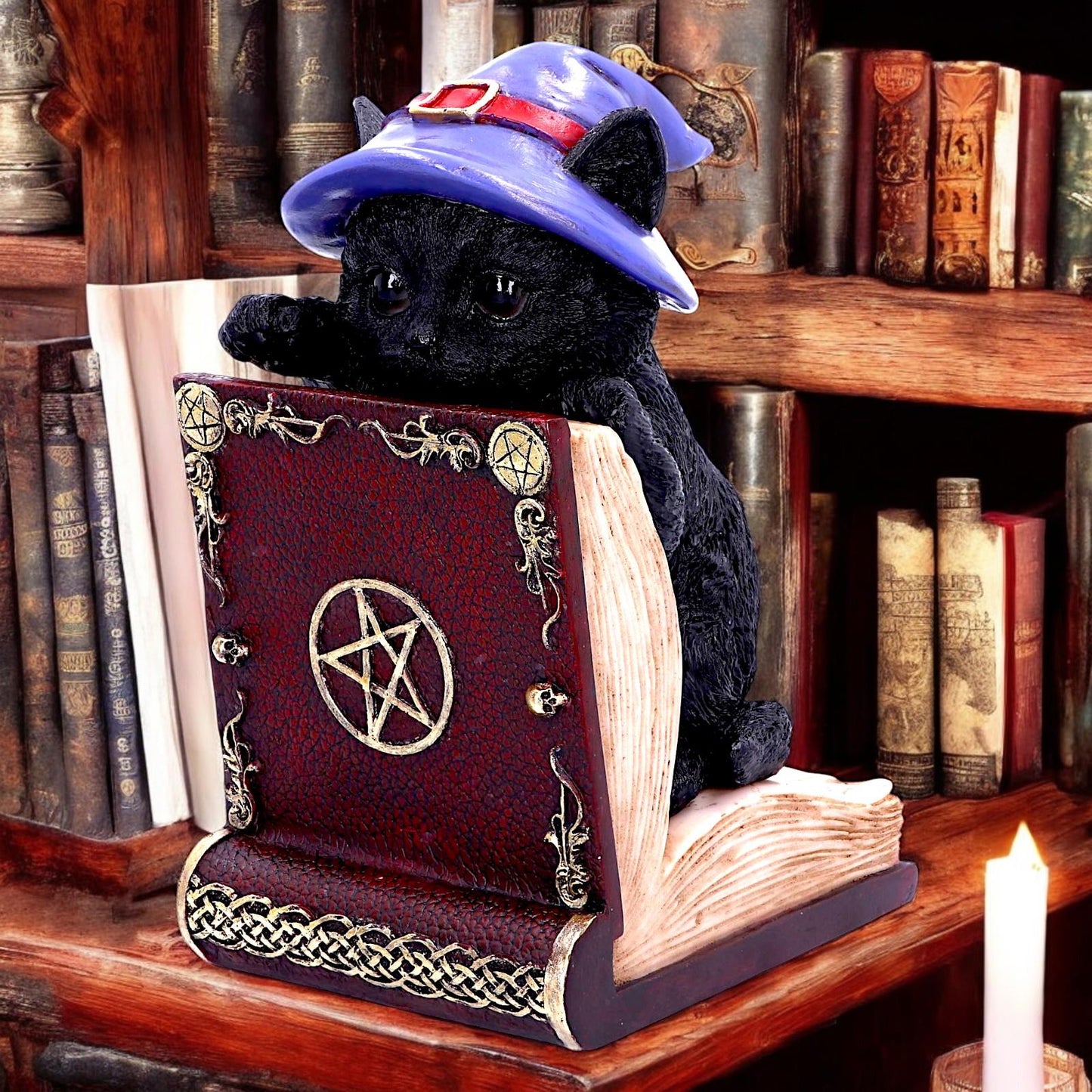 Mystical Witch Cat Bookend Figurine Gothic Spell Book Pagan Fantasy Ornament Decor