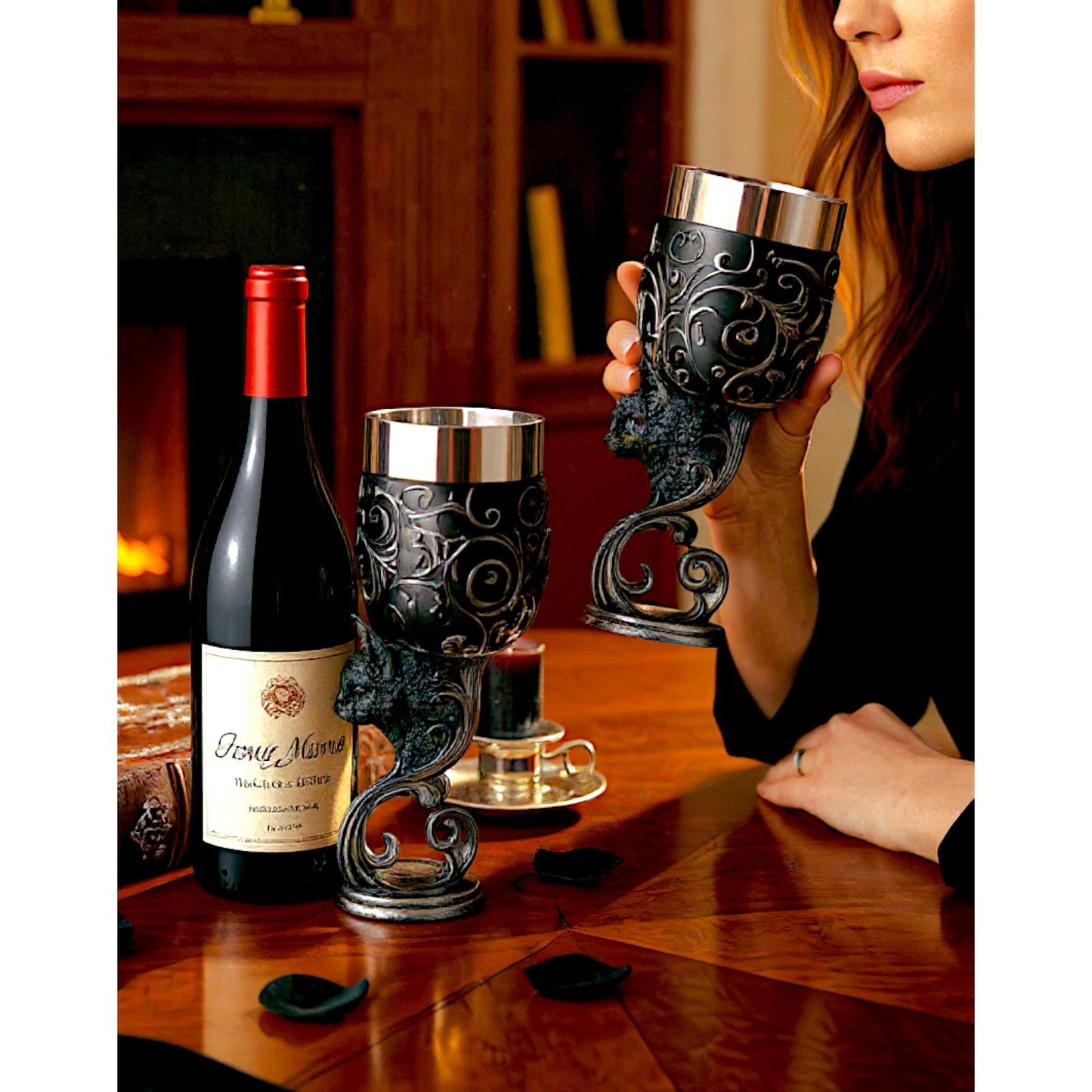 Twin Black Cat Goblets Familiars Gothic Chalice Set Wiccan Occult Wine Glasses