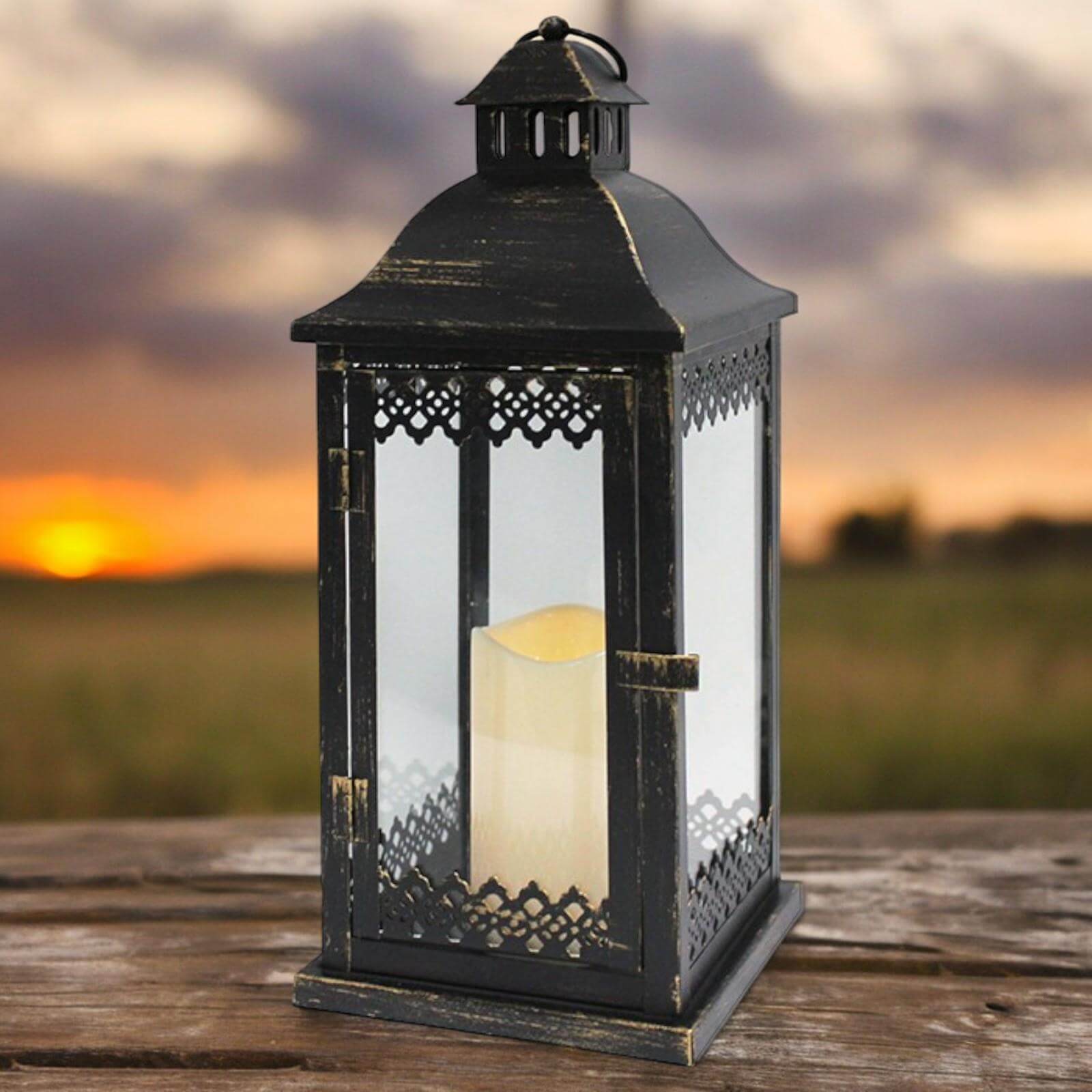 Elegant Metal and Glass Outdoor Lantern with Fixed LED Candle and Timer - 40 CM - Batteries Included-Osiris Craftworks