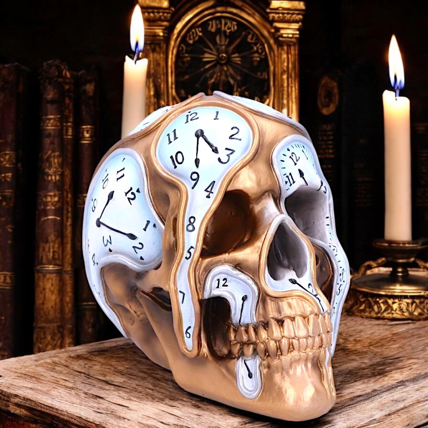 Time Goes By Gothic Clock Skull Ornament 17.5cm  Unique Resin Art Figurine Decor