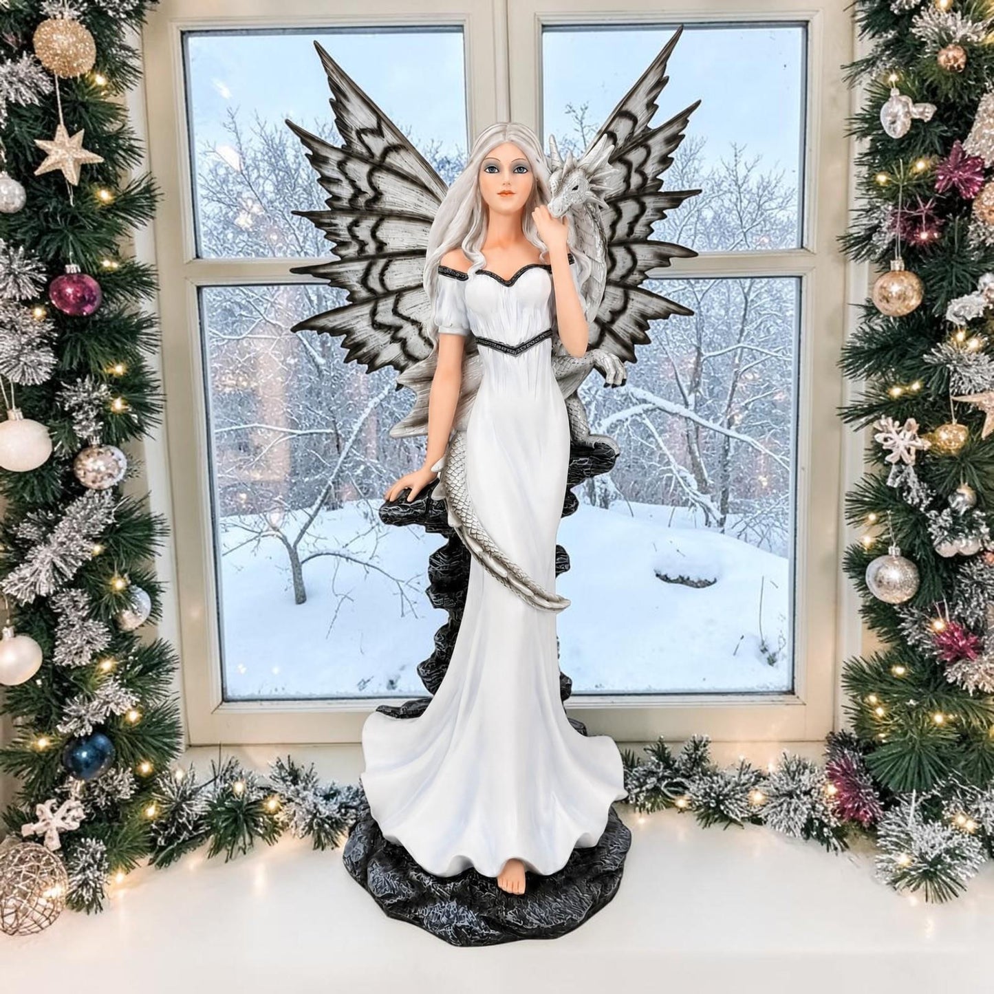 Gothic Fairy Dragon Figurine White Fantasy Statue Butterfly Wings Gothic Ornament