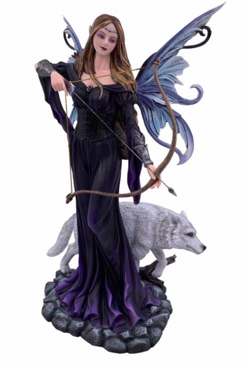 Majestic Dark Elf Fairy Archer with Wolf Companion - Handcrafted 39cm Fantasy Figurine