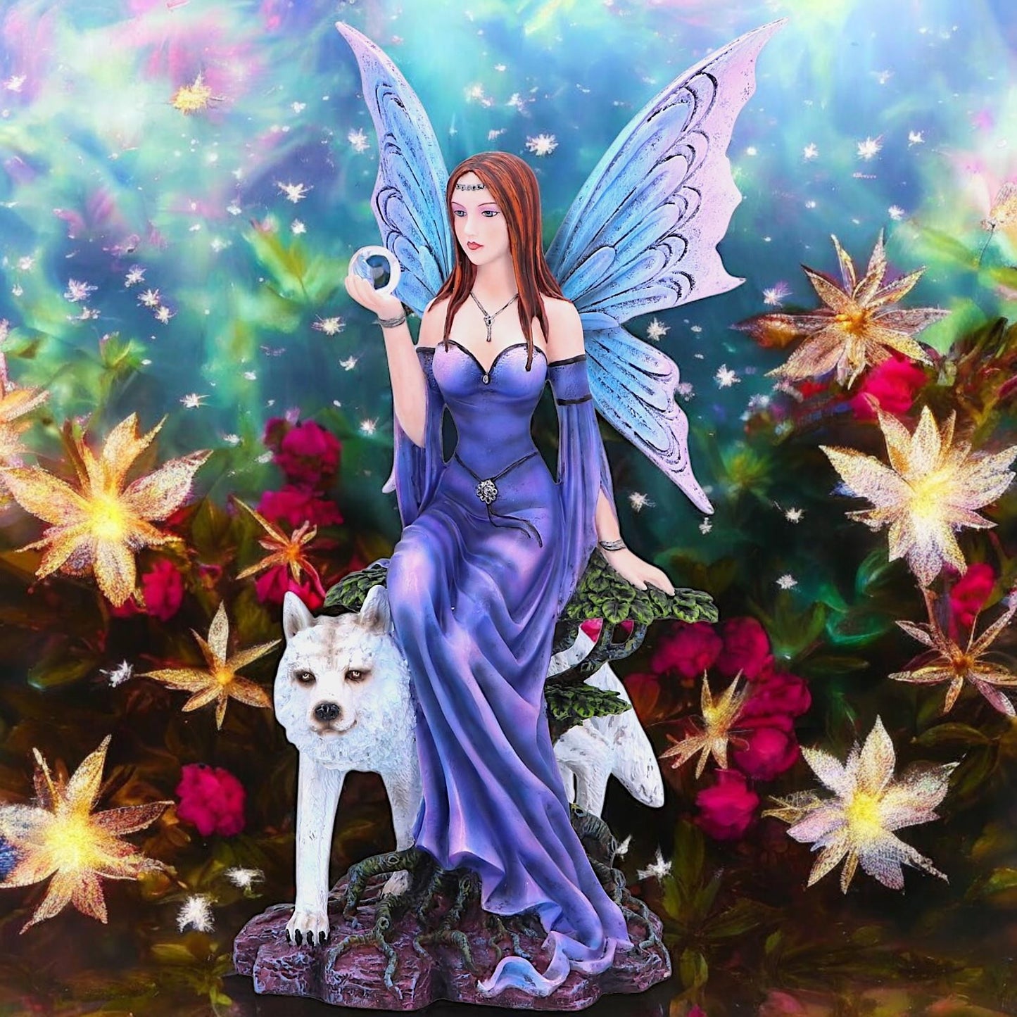 Mystical Fairy Figurine with Wolf Mythical Fantasy Sculpture Home Decor Ornament