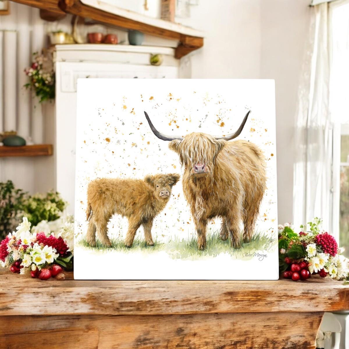 Happy Highlands Ceramic Art Tile by Bree Merryn 20x20cm - Wall Ready - Highland Cow & Calf