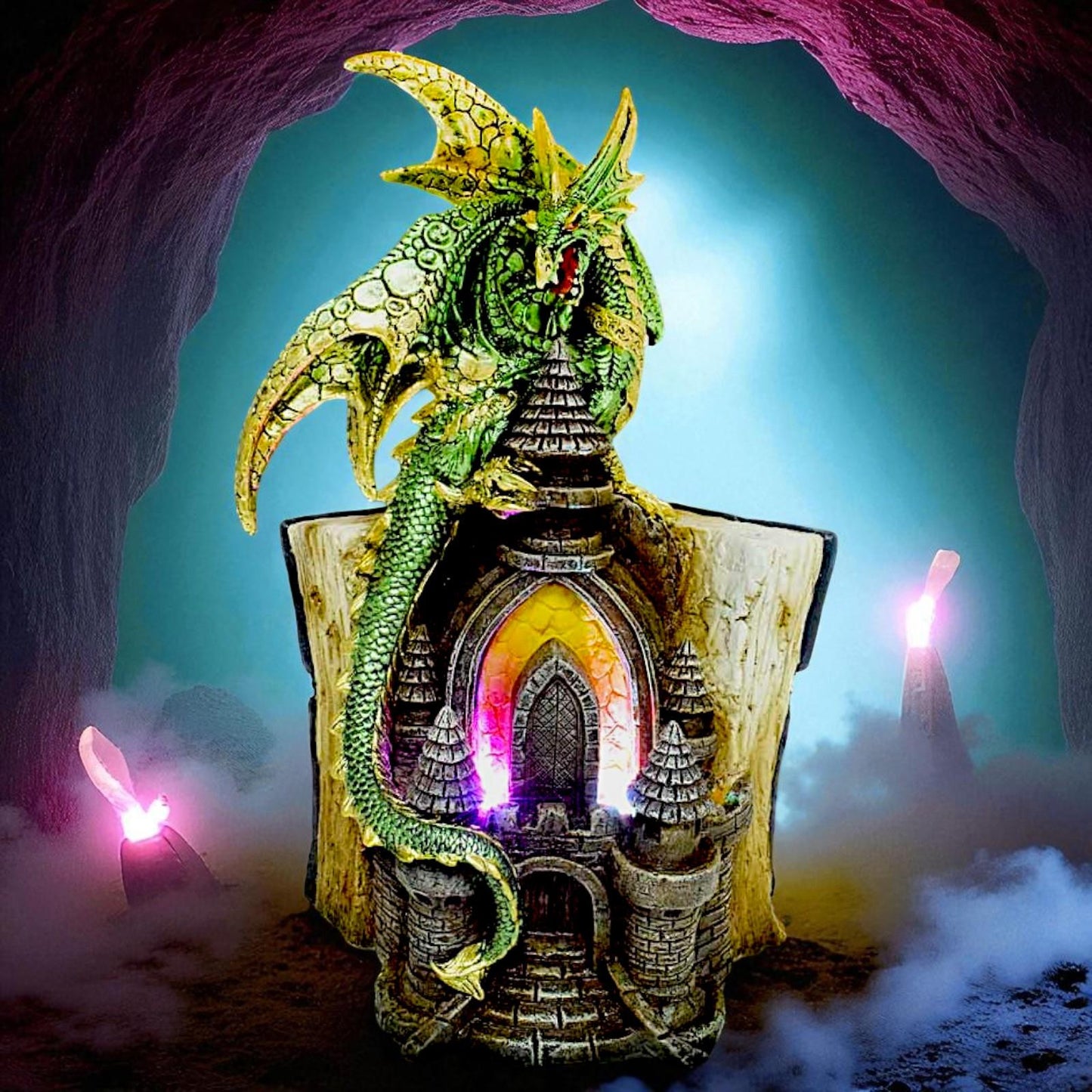 Gothic Mystical Dragon Perched on Castle with Book and Pentagram Fantasy Gift