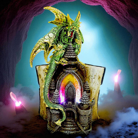 Gothic Mystical Dragon Perched on Castle with Book and Pentagram Fantasy Gift