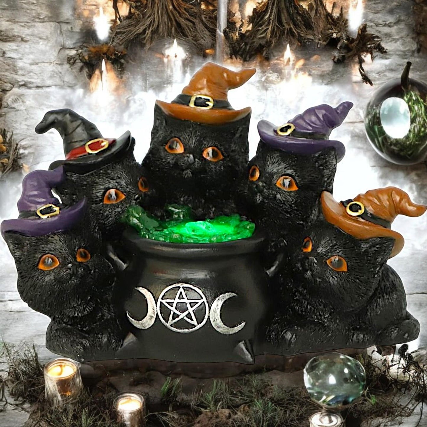 Mystical Light Up Black Cats & Cauldron Ornament Wicca Witchcraft Home Decor Gift