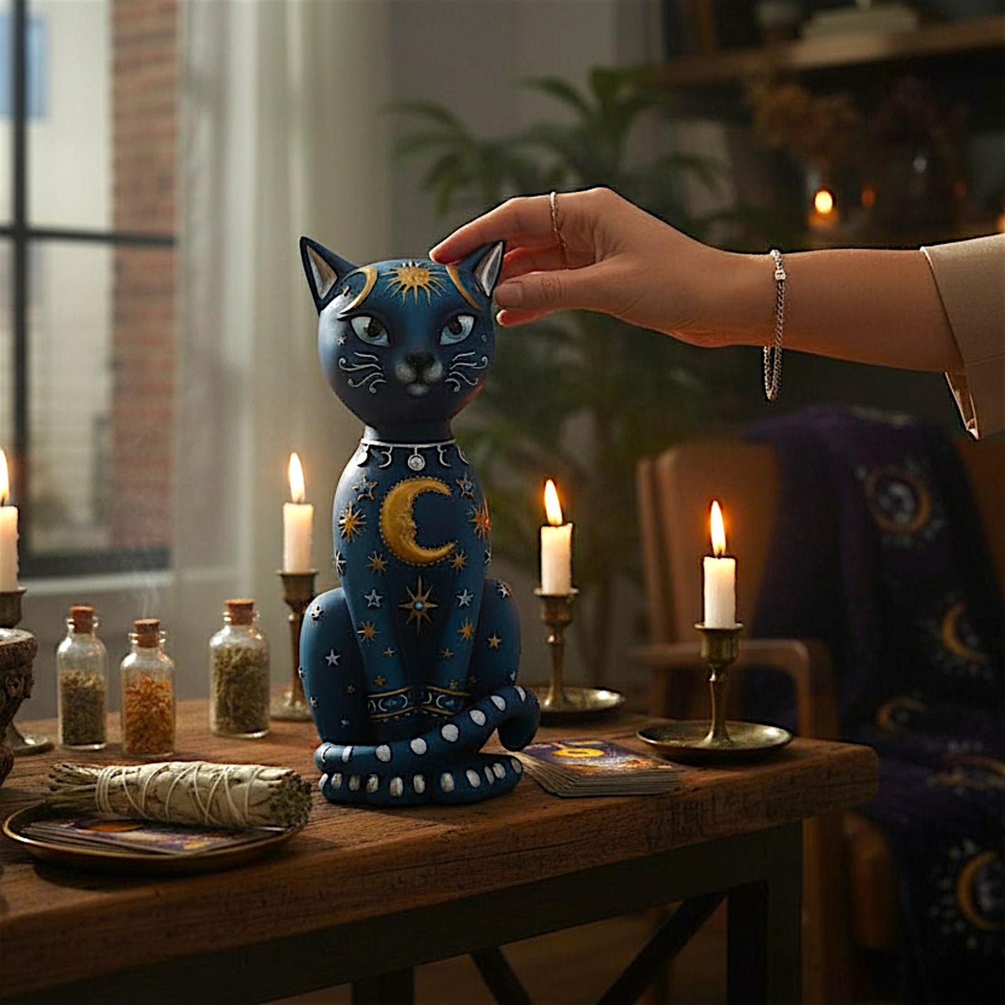 Mystical Celestial Cat Statue Moon Phase Kitty Figurine Astrology Inspired  Decor