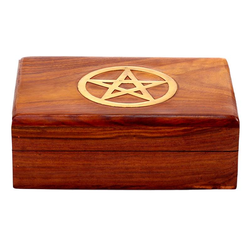 Sheesham Wood Pentagram Jewellery Box Pagan Witchcraft Altar Storage Chest 17.5cm