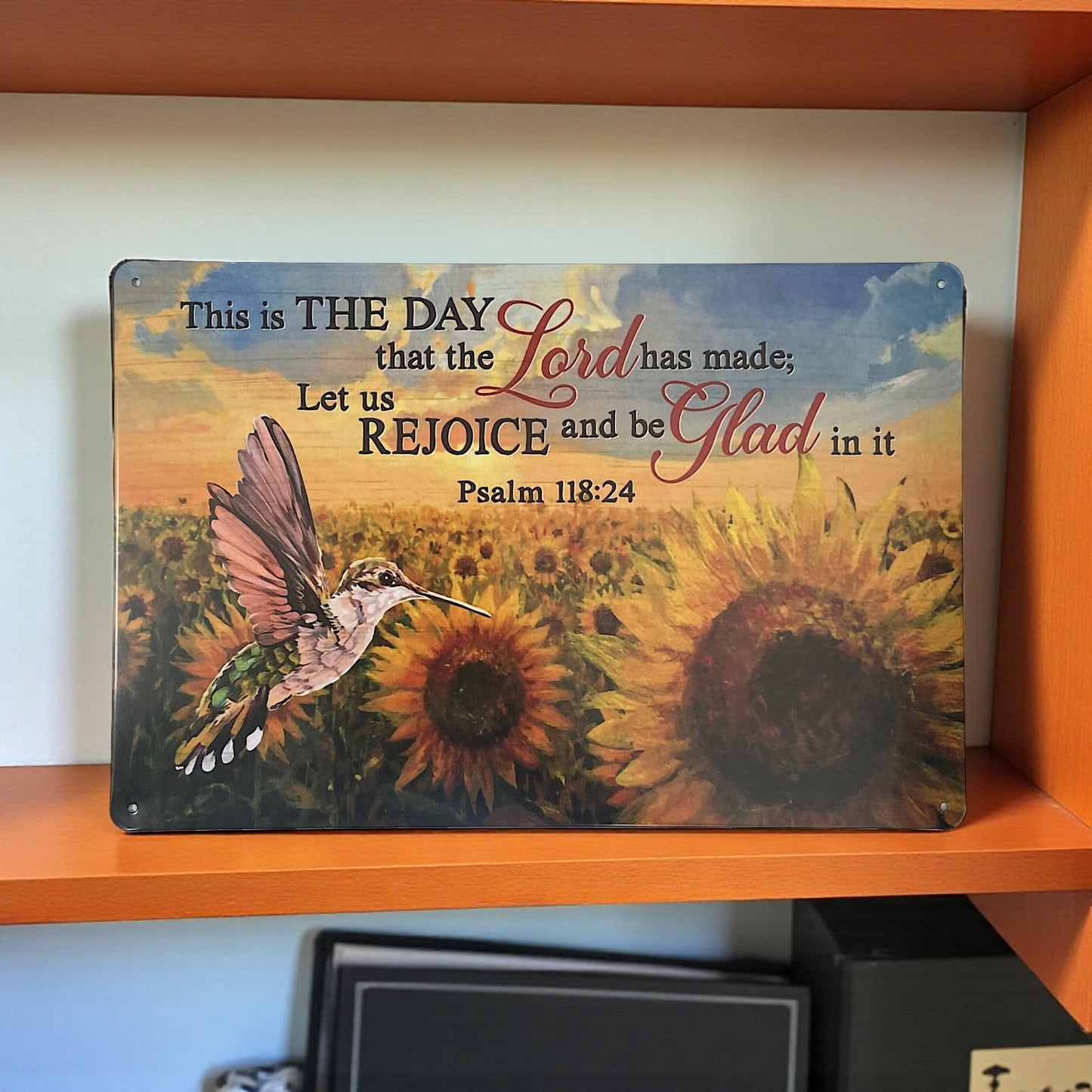 Inspirational Bible Verse Metal Sign Sunflowers Hummingbird Christian Faith Plaque
