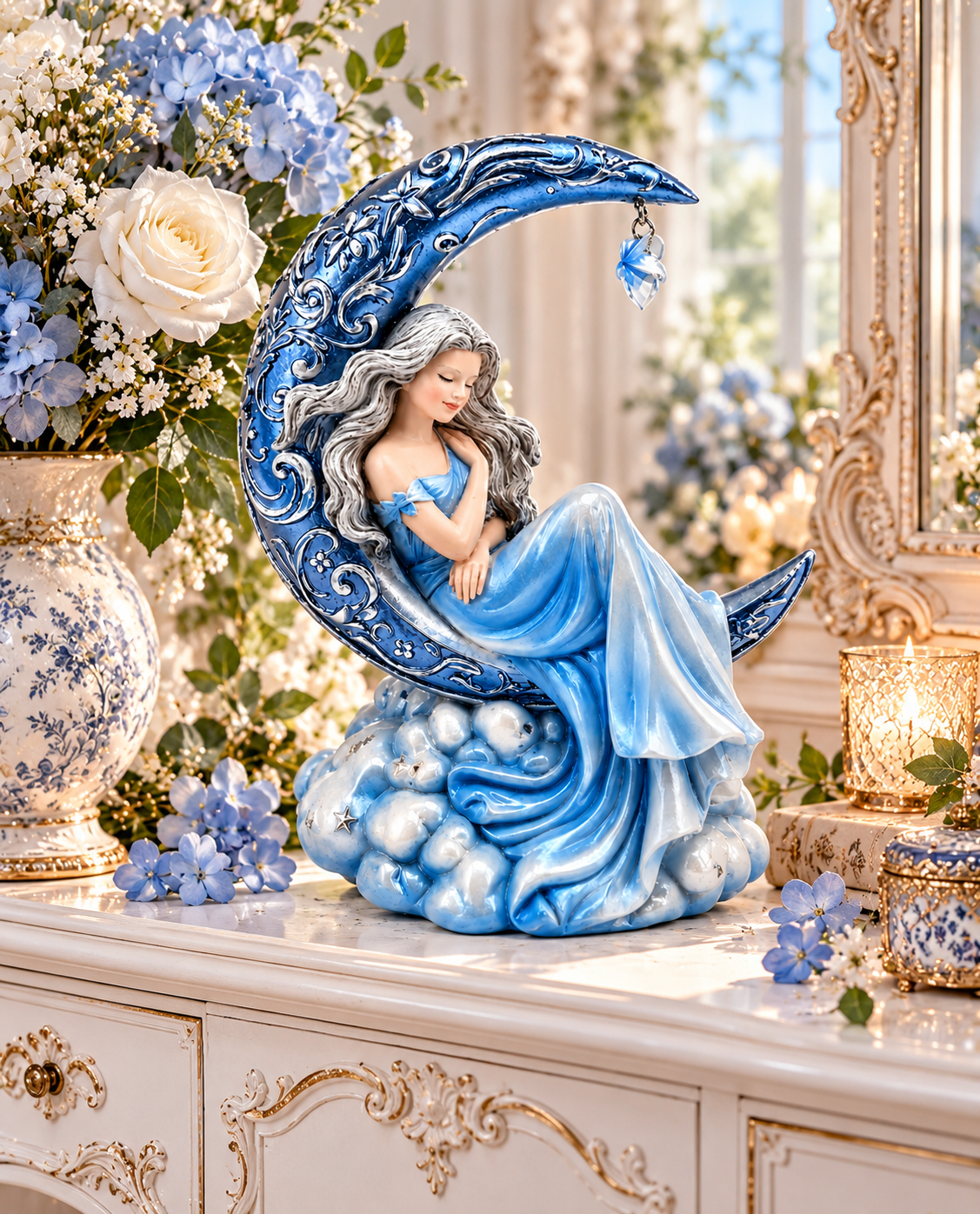 Moon Fairy Figurine Resting on Crescent Moon Celestial Fantasy Ornament 17.8cm