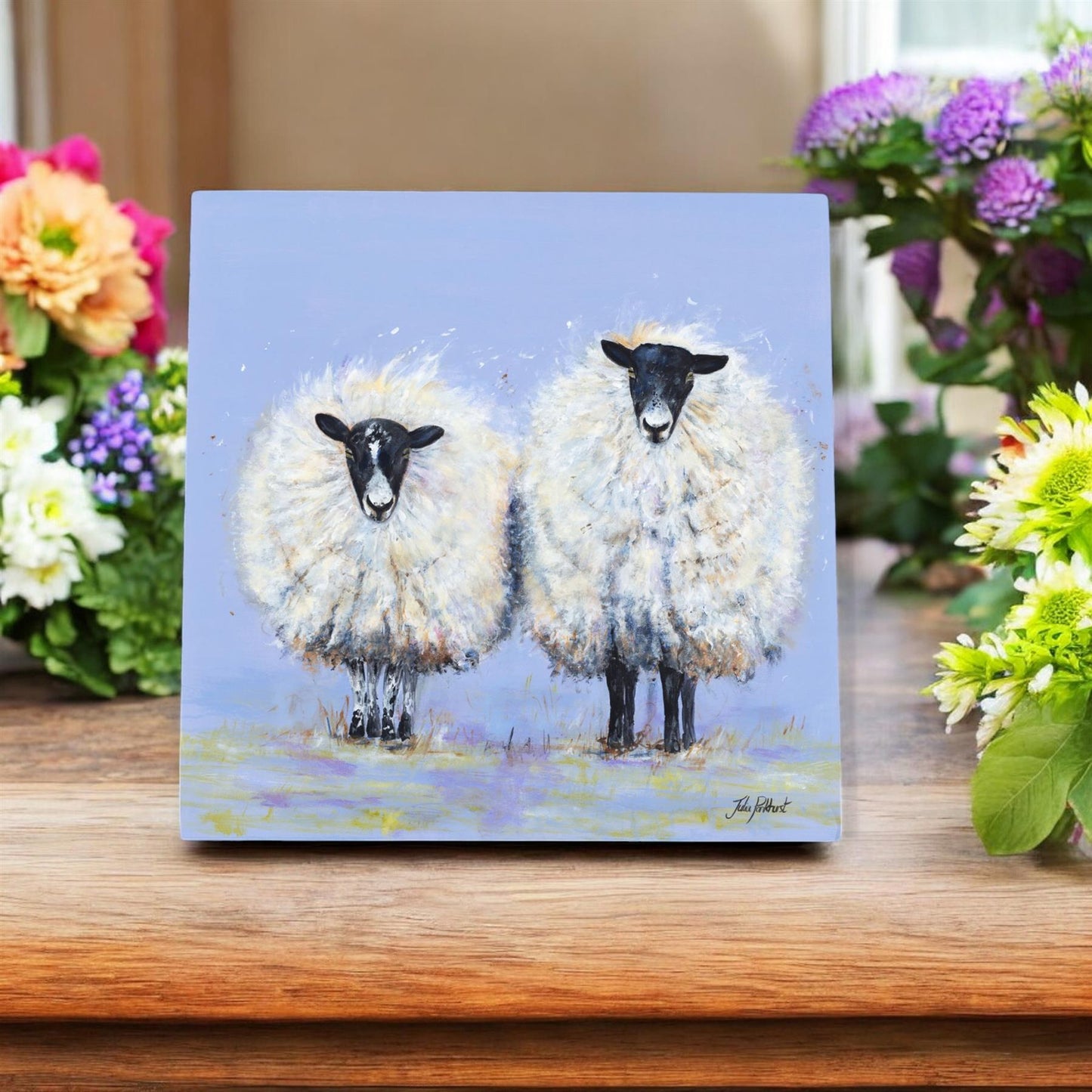 TOGETHER WE STAND Sheep Ceramic Art Tile 20x20 cm by Pankhurst Gallery | Ready to Hang | Beautiful Farmhouse Decor Gift