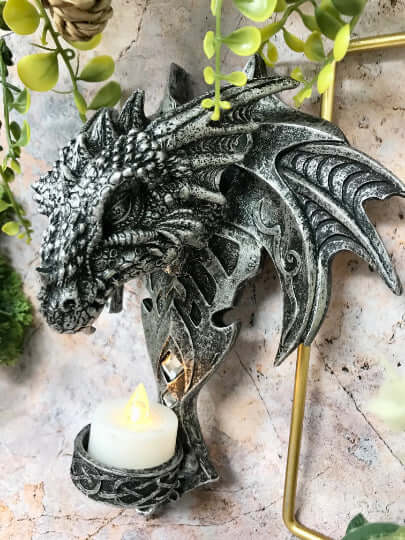 Novelty Gothic Dragon Head Candle Holder with LED Light Candle Wall Plaque Fantasy Art