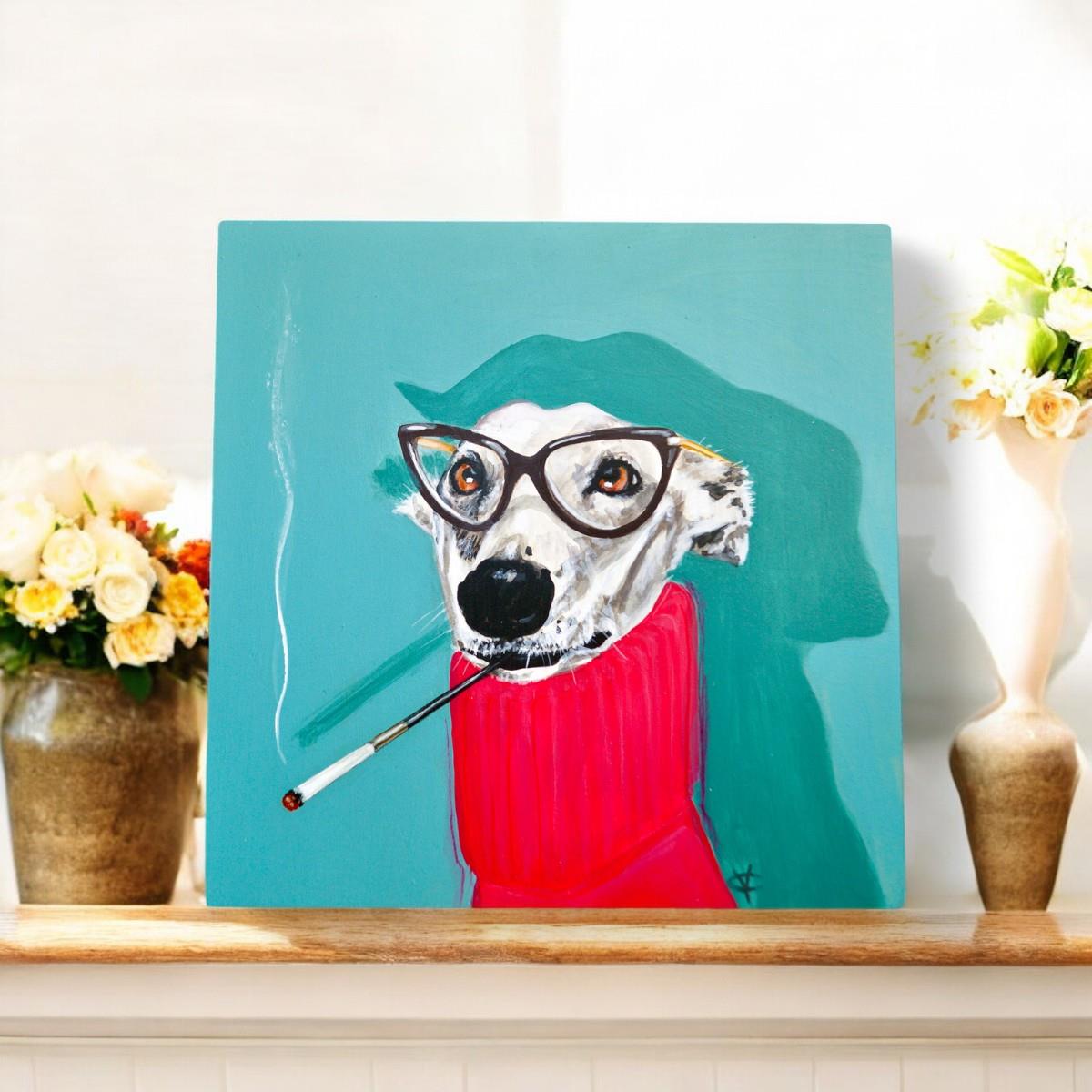 Delores Whippet Dog Ceramic Art Tile 20x20cm by Victoria Coleman - Quirky Wall Decor, Ready to Hang, Unique Dog Lover Gift, Handmade Ceramic Tile Art"-Osiris Craftworks